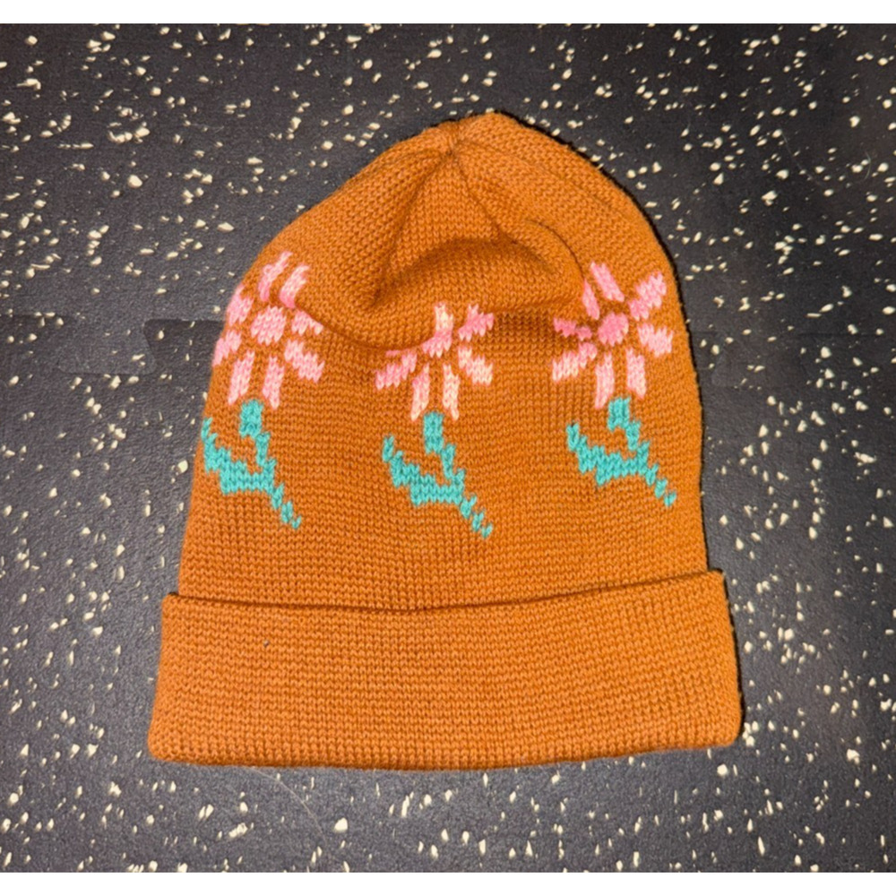 Noah NYC Floral Beanie Rust Brown Pink‎ Daisy Jacquard Knit Streetwear - Picture 2 of 6